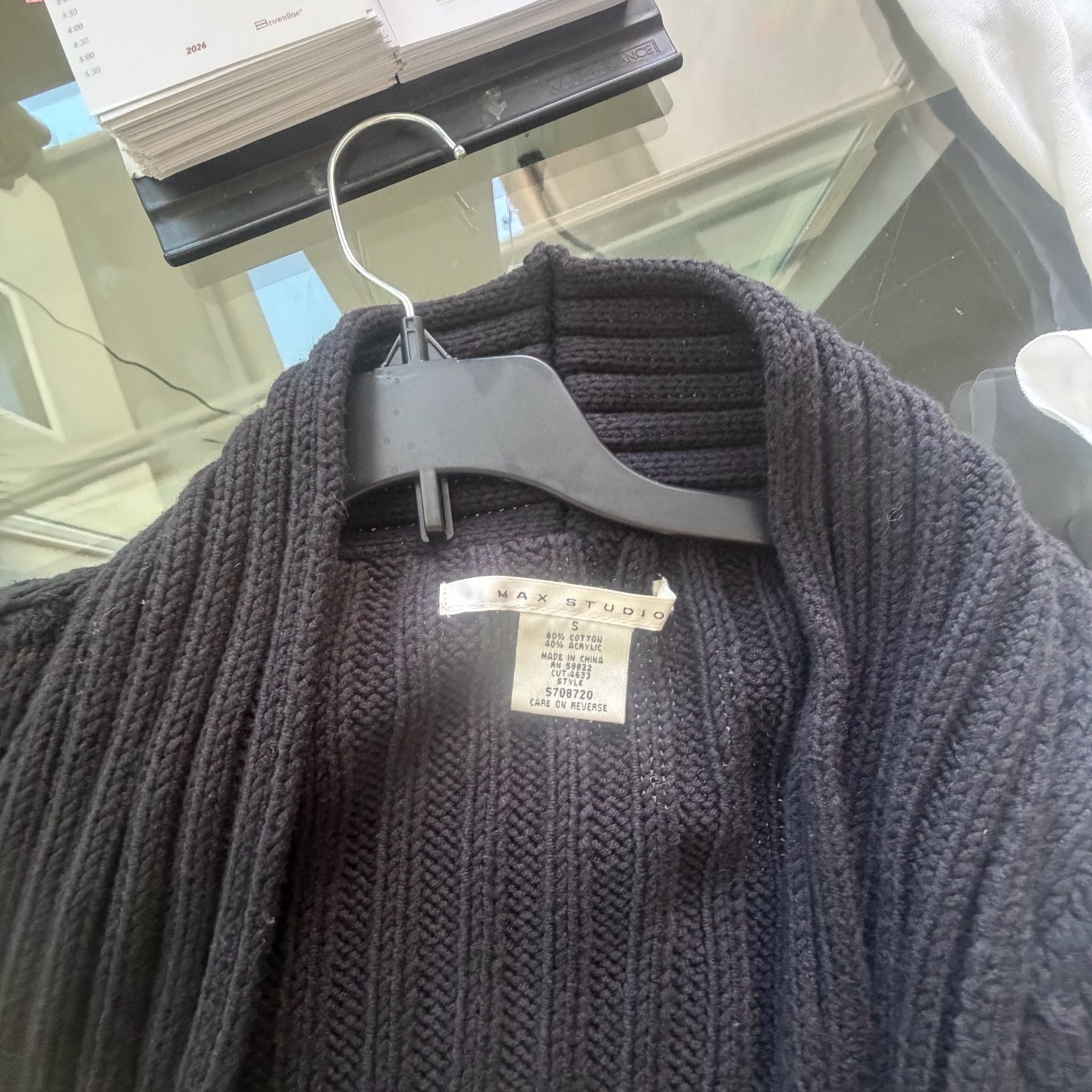 Max Studio Black Cotton Cable Knit Open Front Cardigan Sweater 2