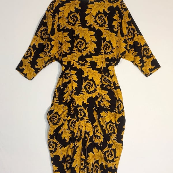 All That Jazz Black and Gold Scroll Print Midi Dress