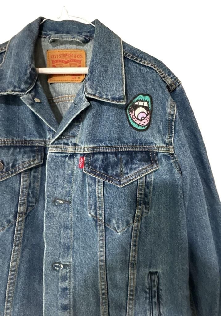 Levi's Trucker Denim Jacket Size M Custom Patched Eye Design 4