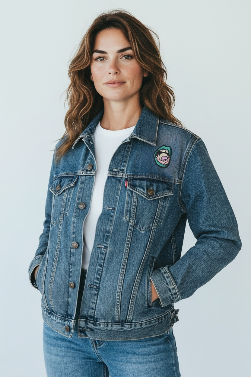 Levi's Trucker Denim Jacket Size M Custom Patched Eye Design 2