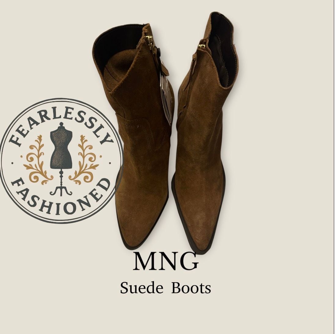 MNG Mango Suede Pointed-Toe Block Heel Ankle Boots Size 40 2
