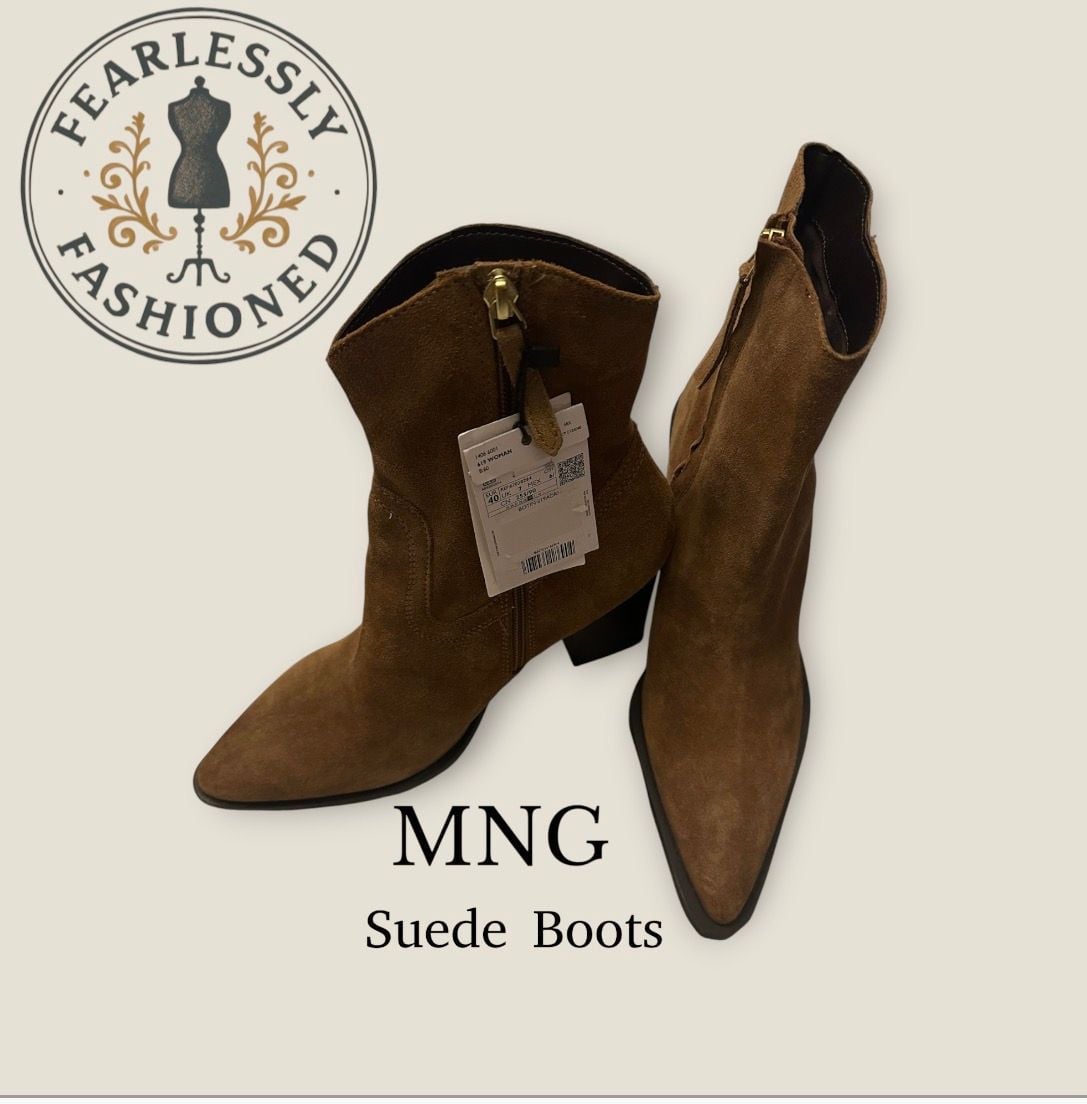 MNG Mango Suede Pointed-Toe Block Heel Ankle Boots Size 40 3