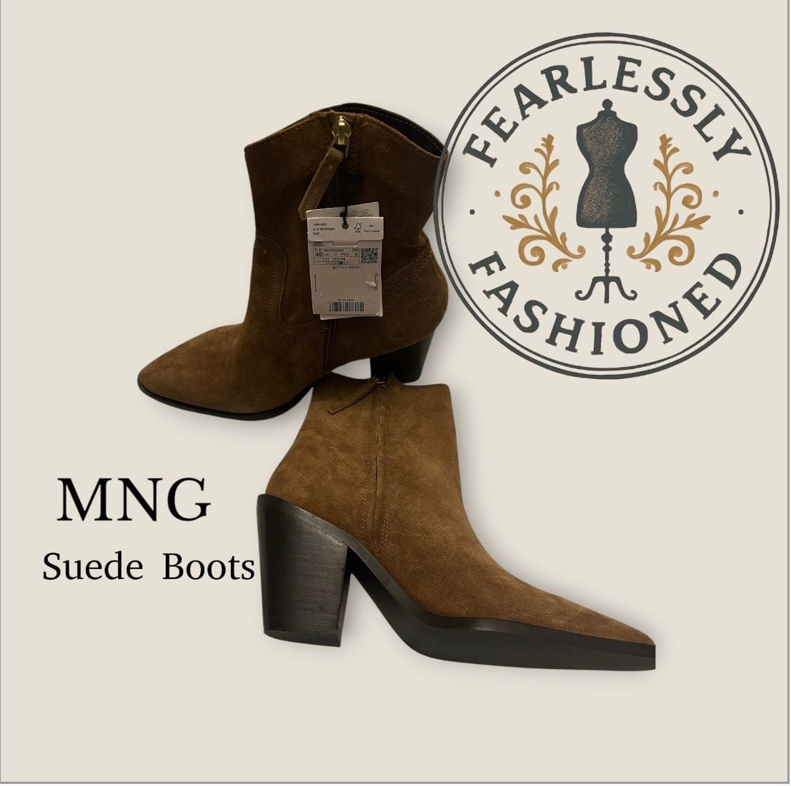 MNG Mango Suede Pointed-Toe Block Heel Ankle Boots Size 40 4