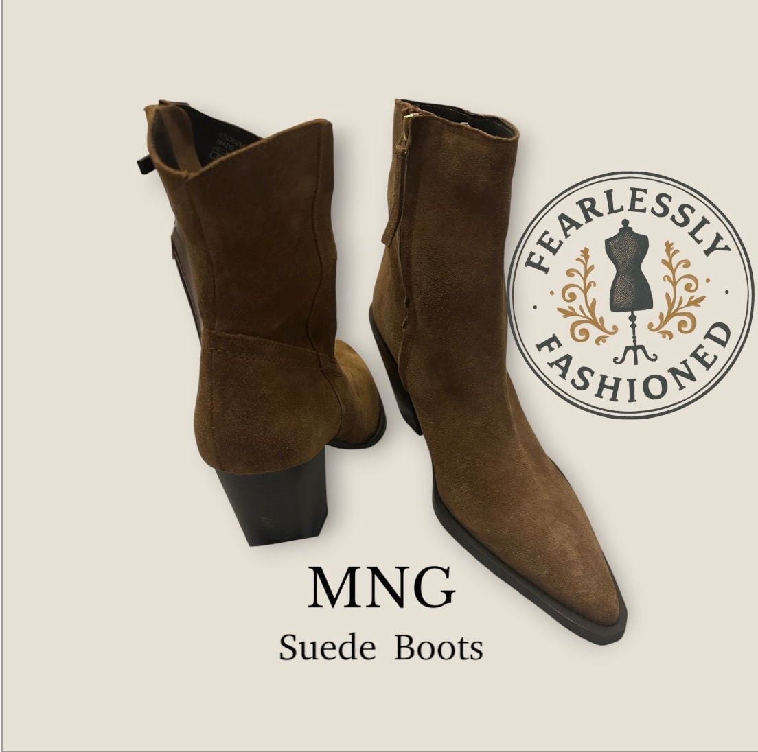 MNG Mango Suede Pointed-Toe Block Heel Ankle Boots Size 40 5
