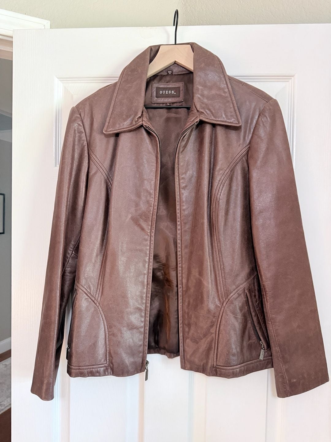 Guess Brown Genuine Leather Zip Front Jacket 2