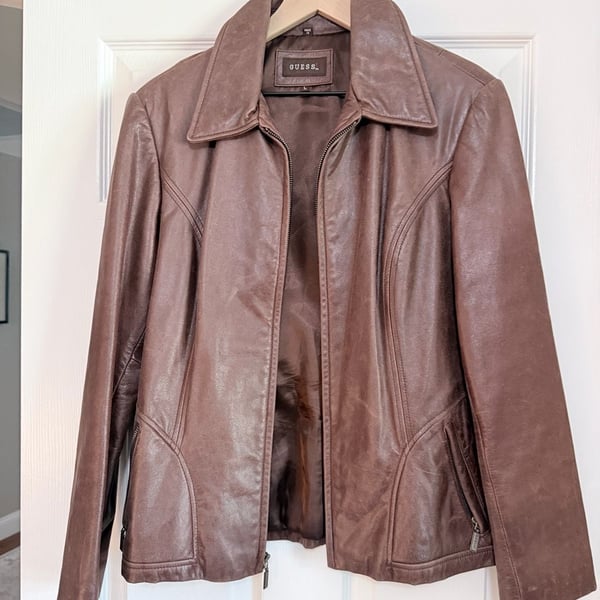 Guess Brown Genuine Leather Zip Front Jacket