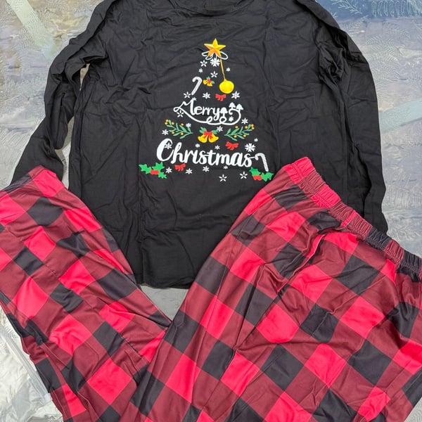 Mens Christmas Pajama Set Plaid Pants Large