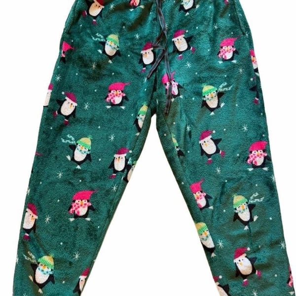 Green Festive Penguin Snowflake Plush Fleece Pajama Pants comfy core warm 