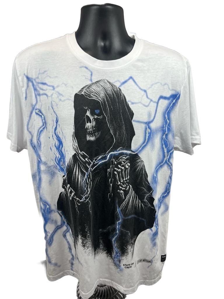 State of Crew White Grim Reaper Lightning Graphic T-Shirt Size XL 2
