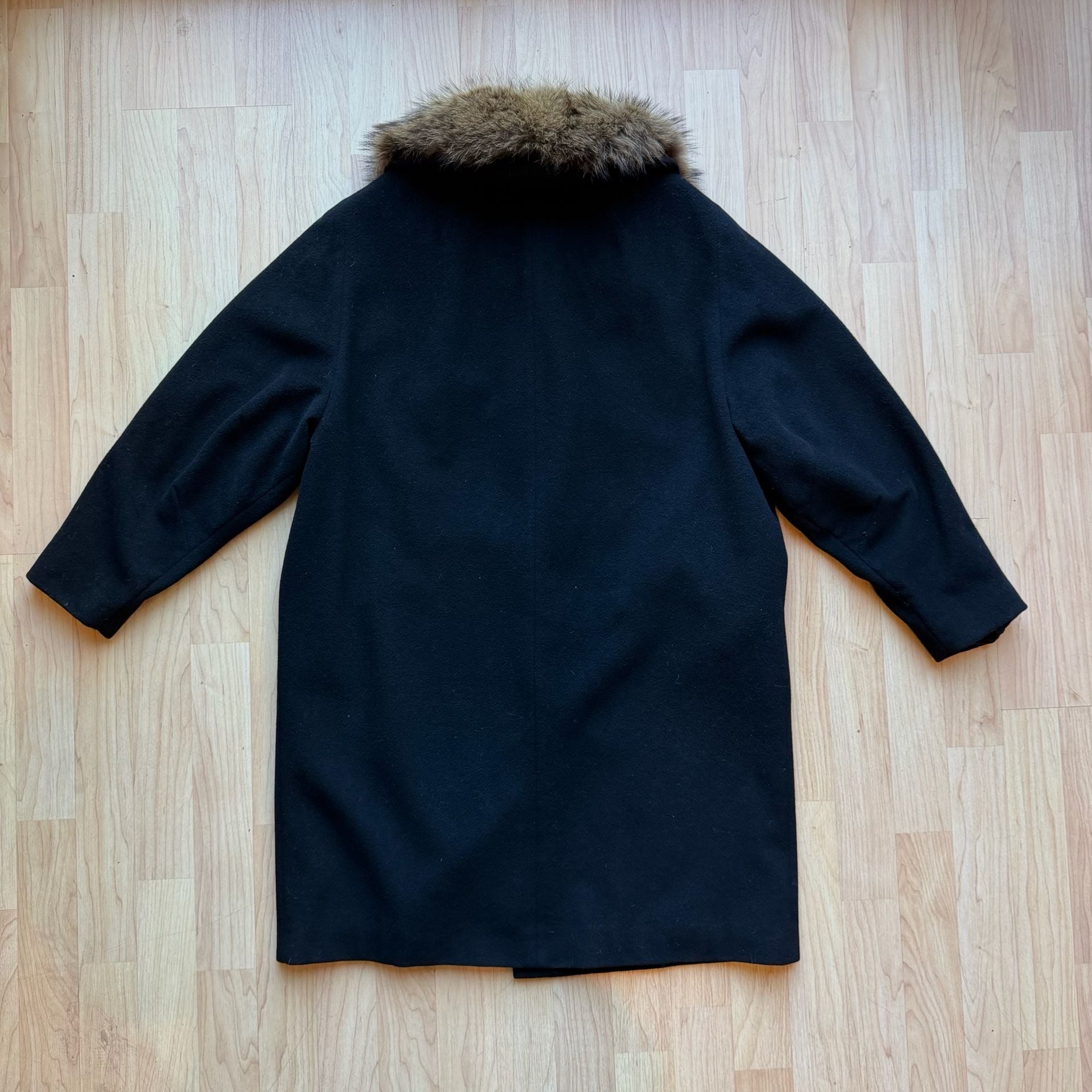 Vintage 60s Kennie Black Wool Car Coat Real Fur Collar Mid Century S/M 4