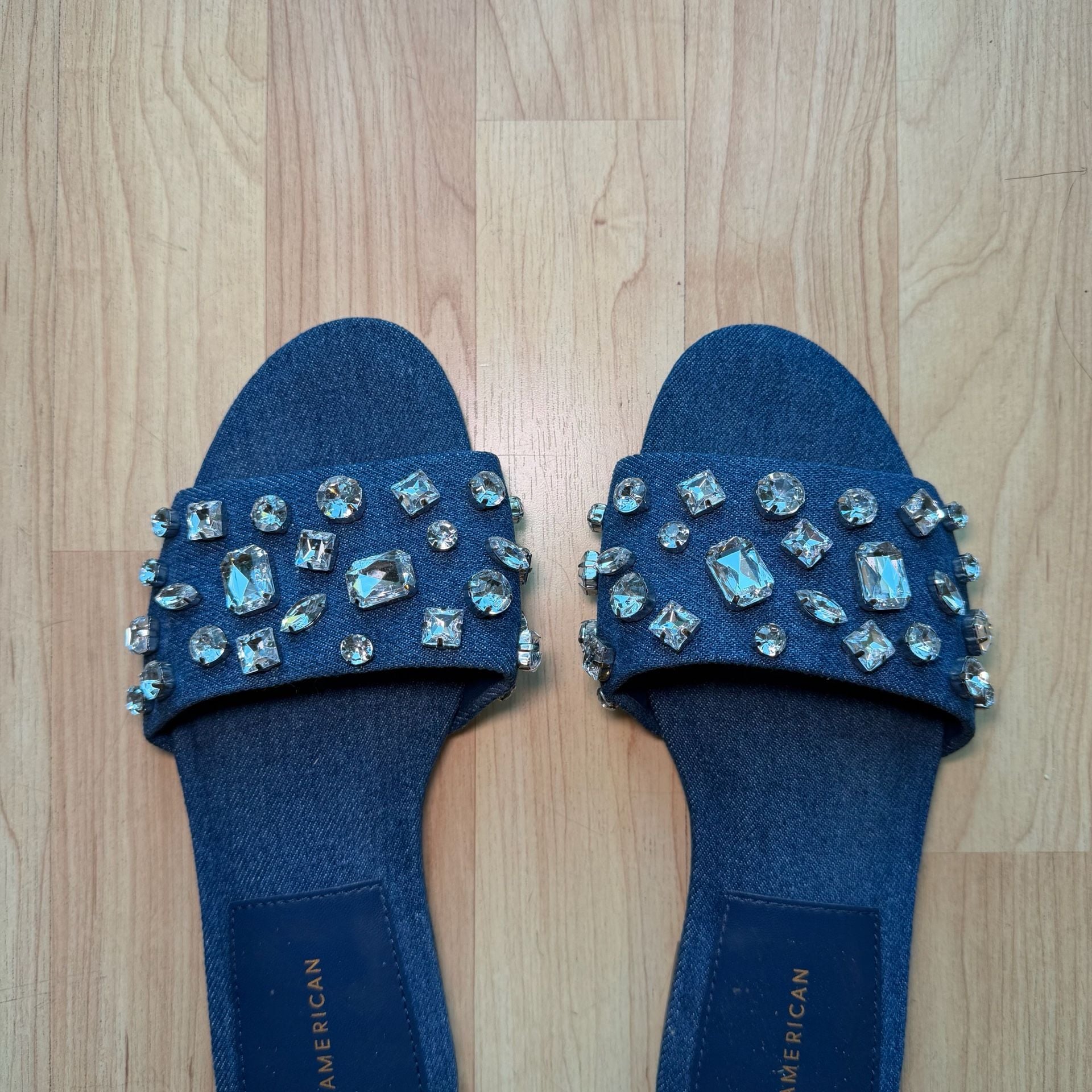 Good American Denim Crystal Embellished Flat Slide Sandals Blue 8.5 7