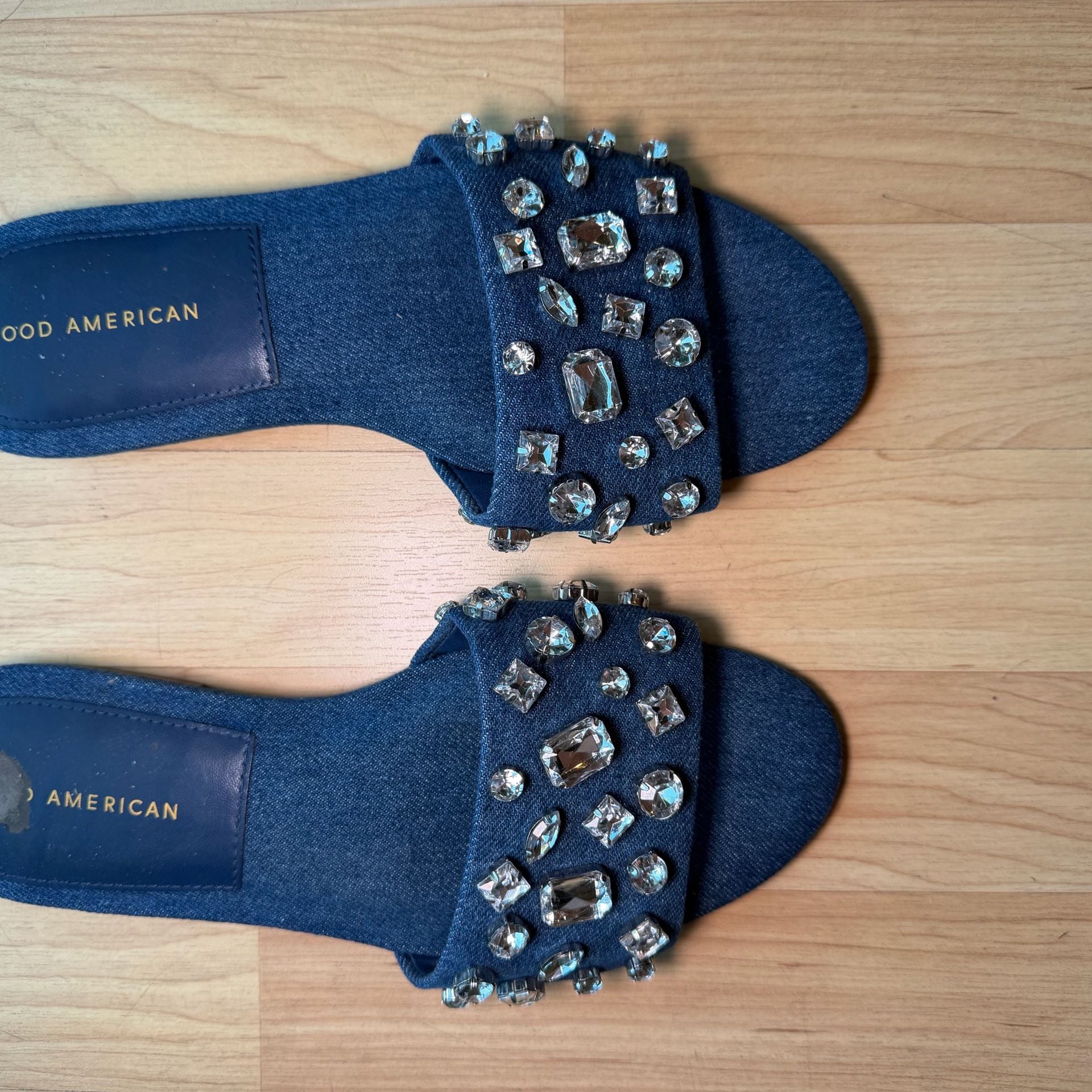 Good American Denim Crystal Embellished Flat Slide Sandals Blue 8.5 8