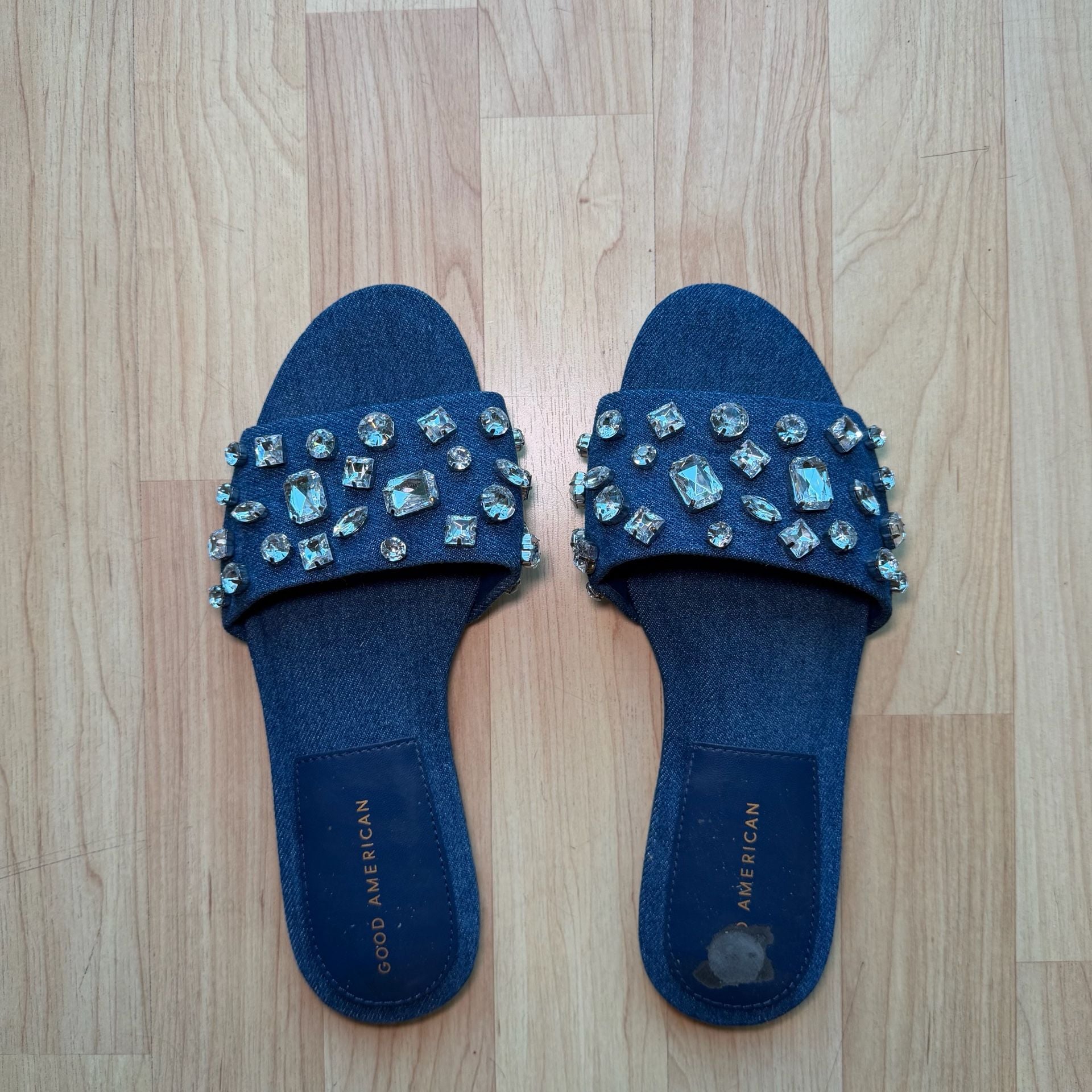 Good American Denim Crystal Embellished Flat Slide Sandals Blue 8.5 10