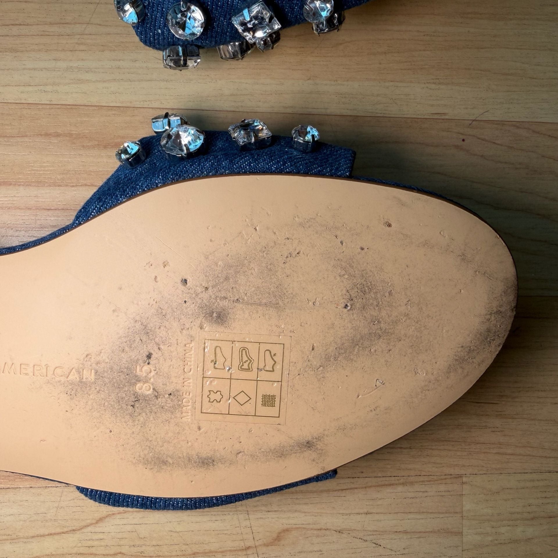 Good American Denim Crystal Embellished Flat Slide Sandals Blue 8.5 11