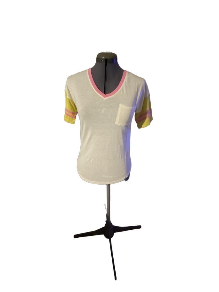 True Craft White Short Sleeve V-Neck Tee with Pink Trim and Yellow Sleeve Stripes Size S 2