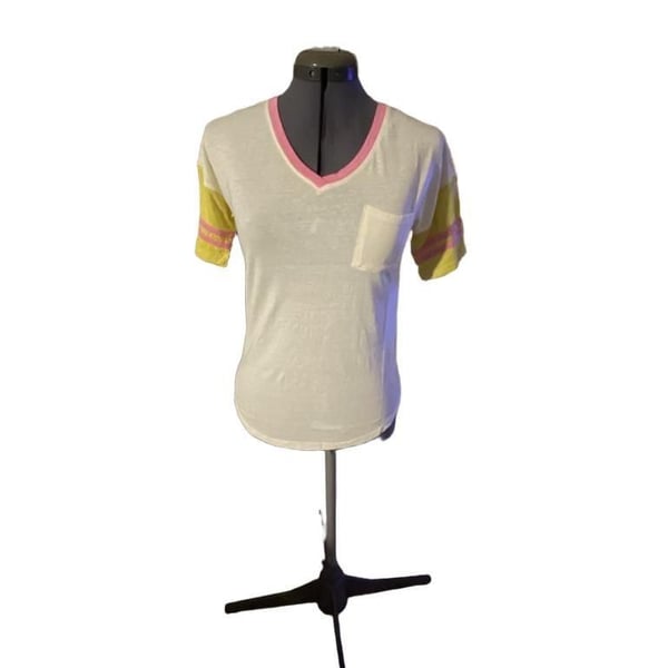 True Craft White Short Sleeve V-Neck Tee with Pink Trim and Yellow Sleeve Stripes Size S