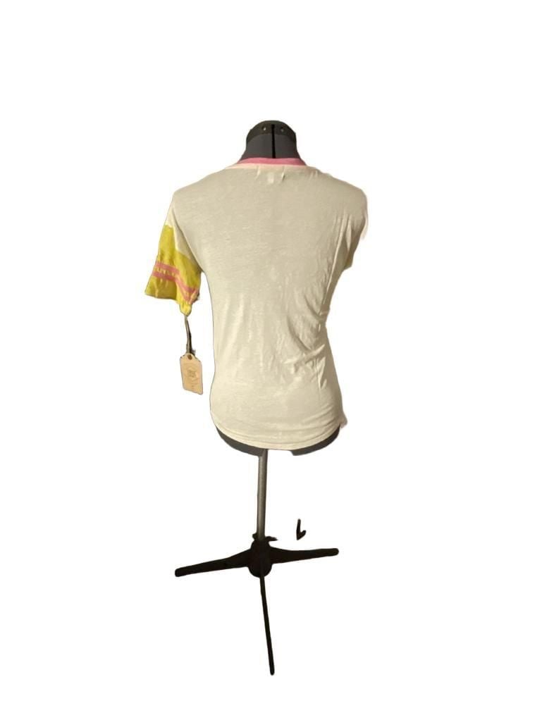 True Craft White Short Sleeve V-Neck Tee with Pink Trim and Yellow Sleeve Stripes Size S 3