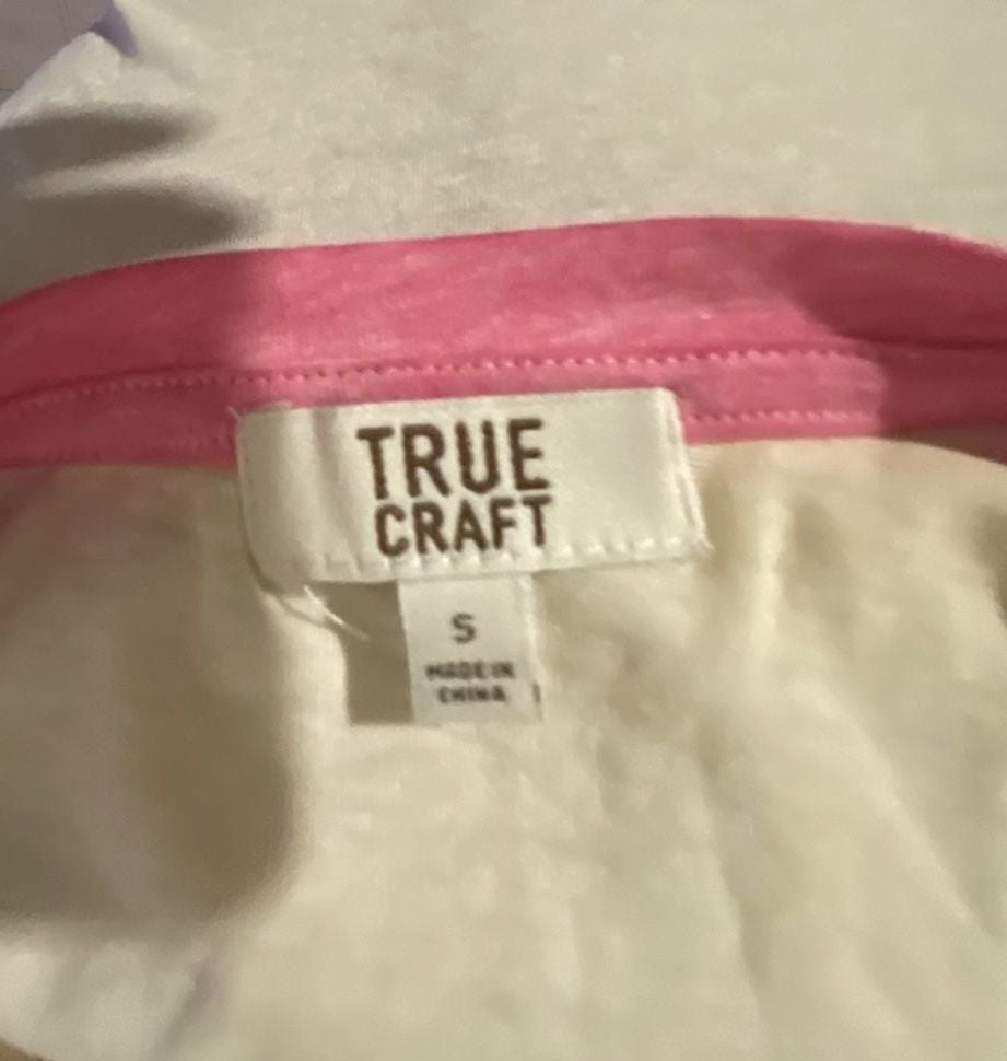 True Craft White Short Sleeve V-Neck Tee with Pink Trim and Yellow Sleeve Stripes Size S 5