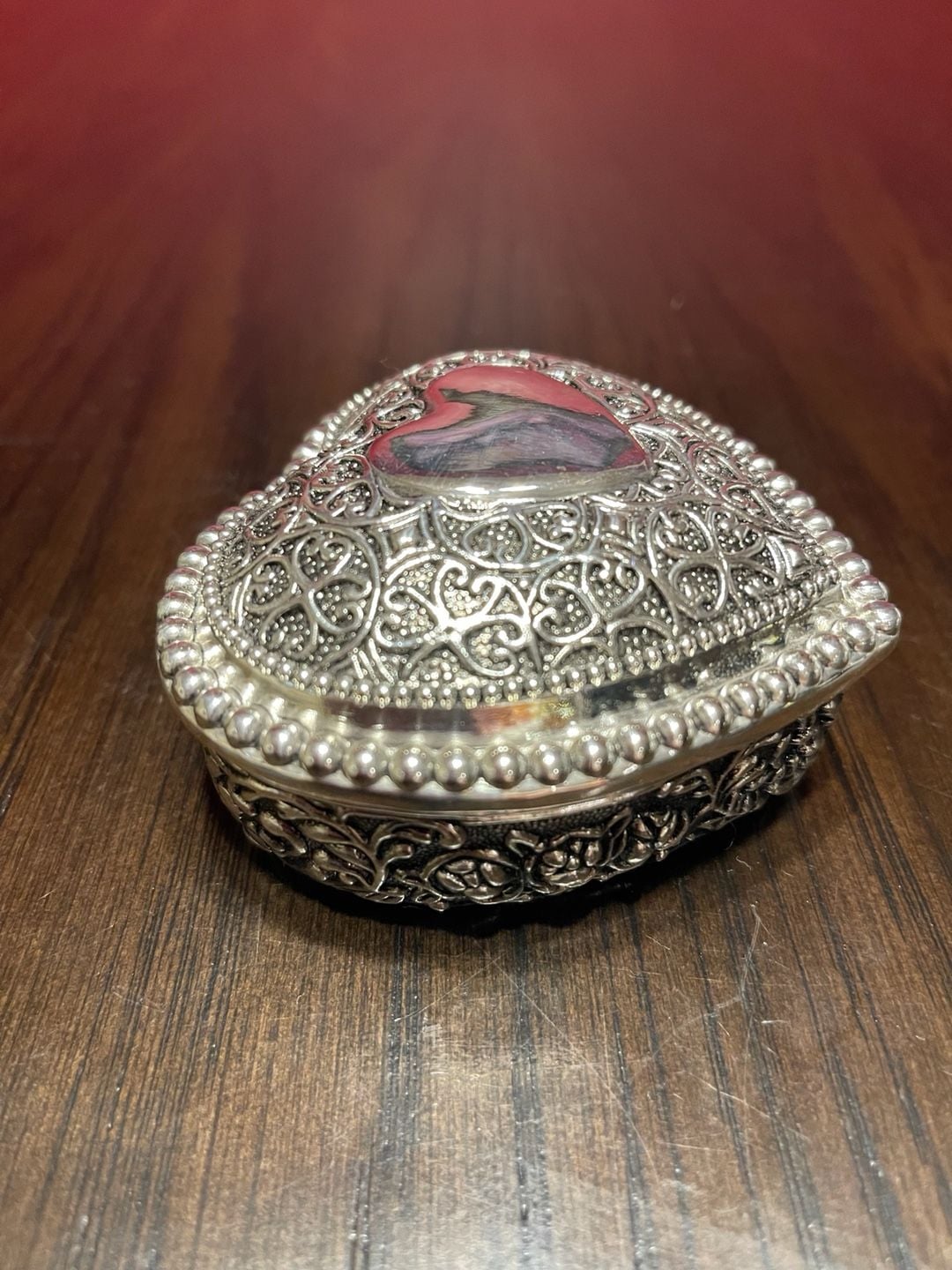 Vntg Silver Plated Heart-Shaped Trinket Box w/ Velvet Lining & Filigree Design 3