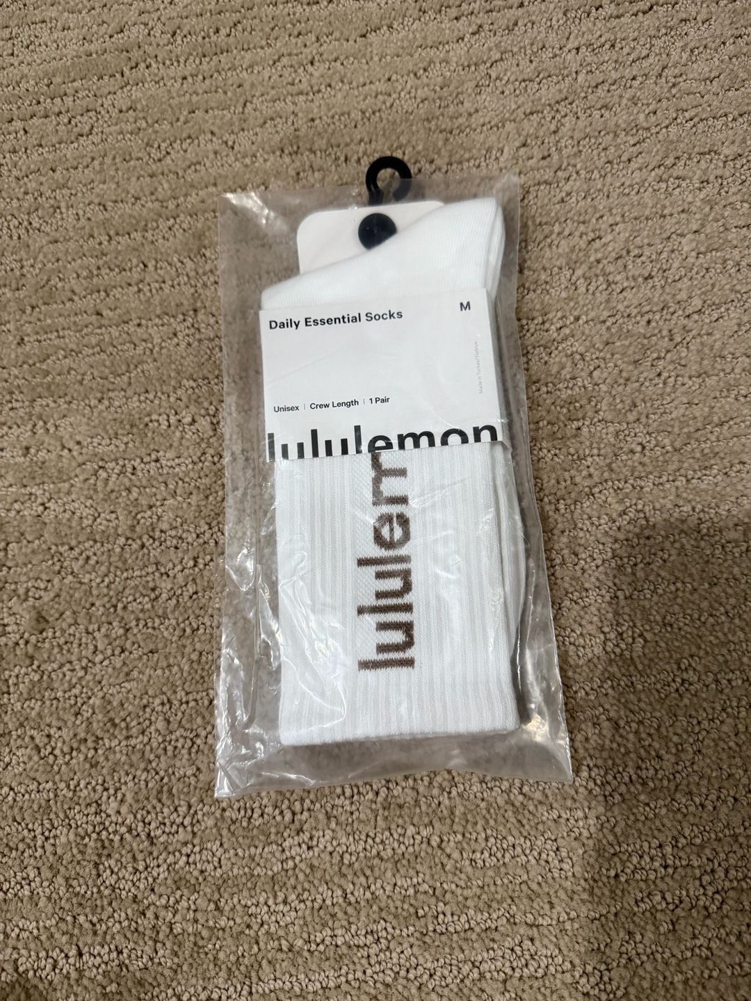 Lululemon Daily Essential Crew Socks Unisex White/Brown Wordmark Size M 1