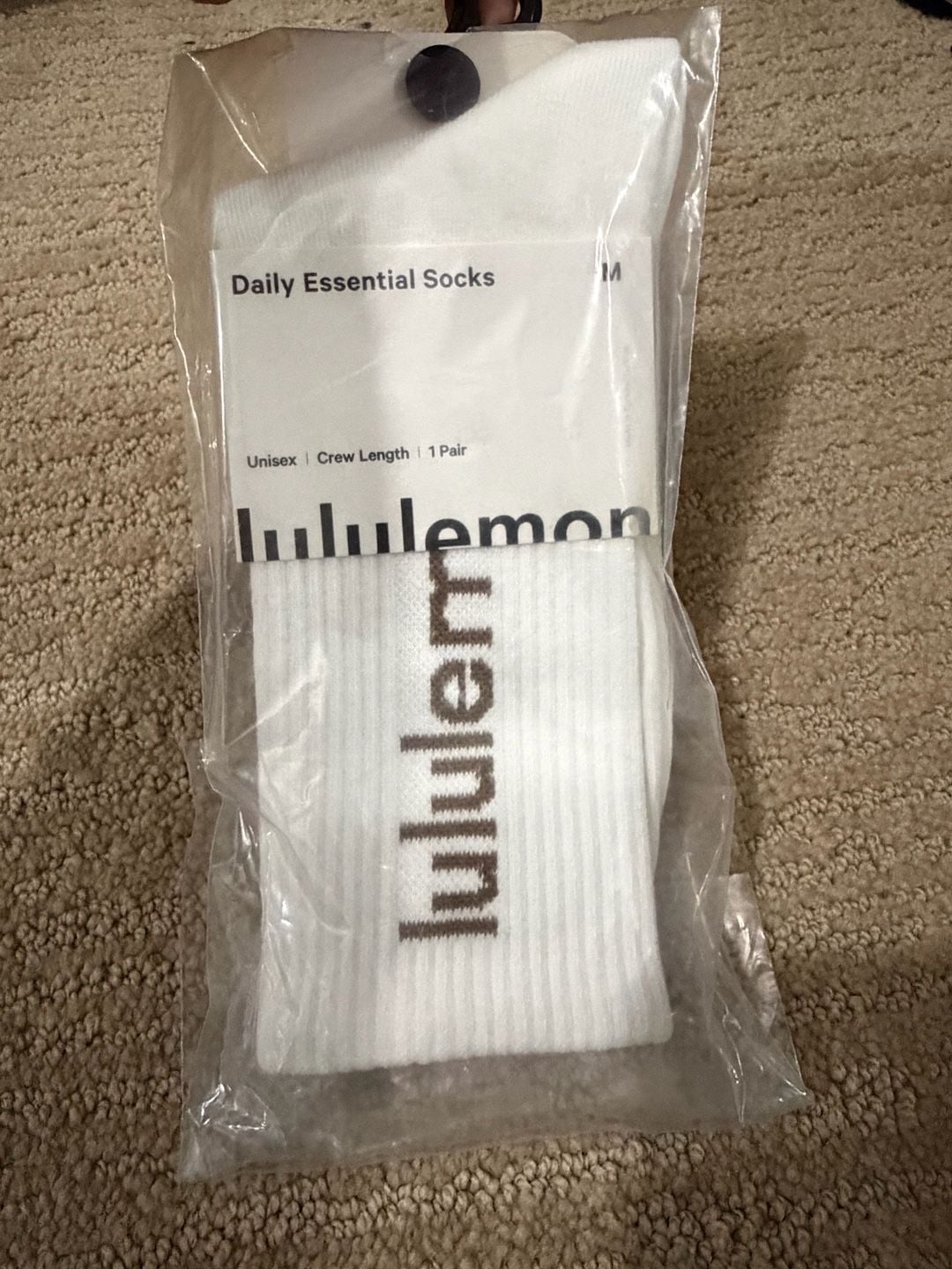 Lululemon Daily Essential Crew Socks Unisex White/Brown Wordmark Size M 4