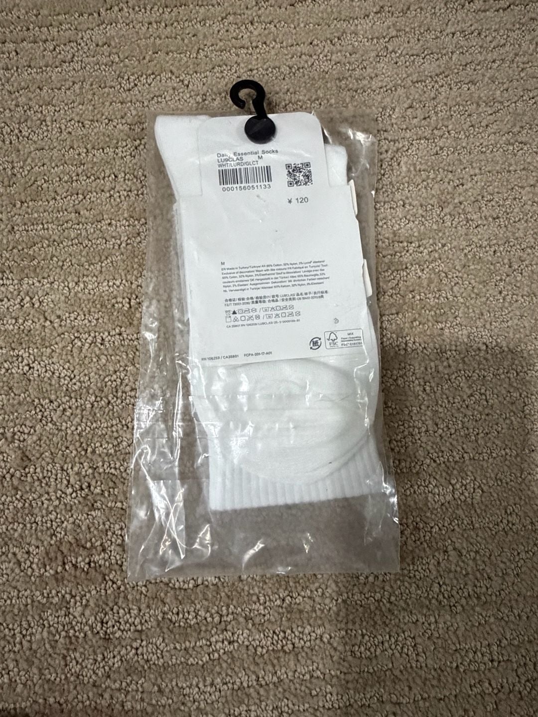 Lululemon Daily Essential Crew Socks Unisex White Black Wordmark Size M 2