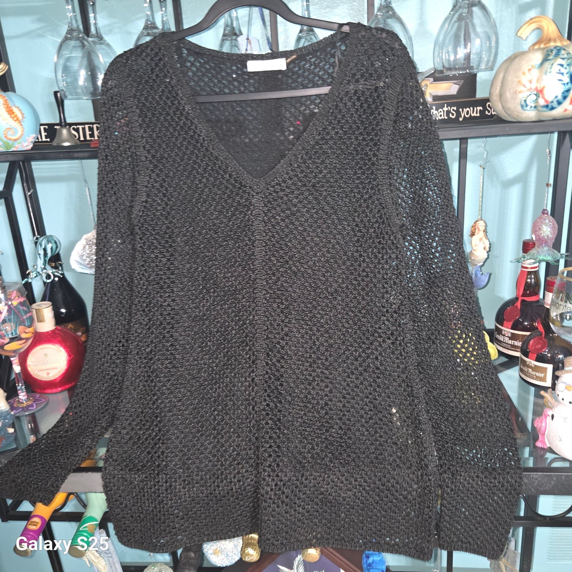 Calvin Klein Black Open Knit V-Neck Long Sleeve Sweater Cover-Up 2