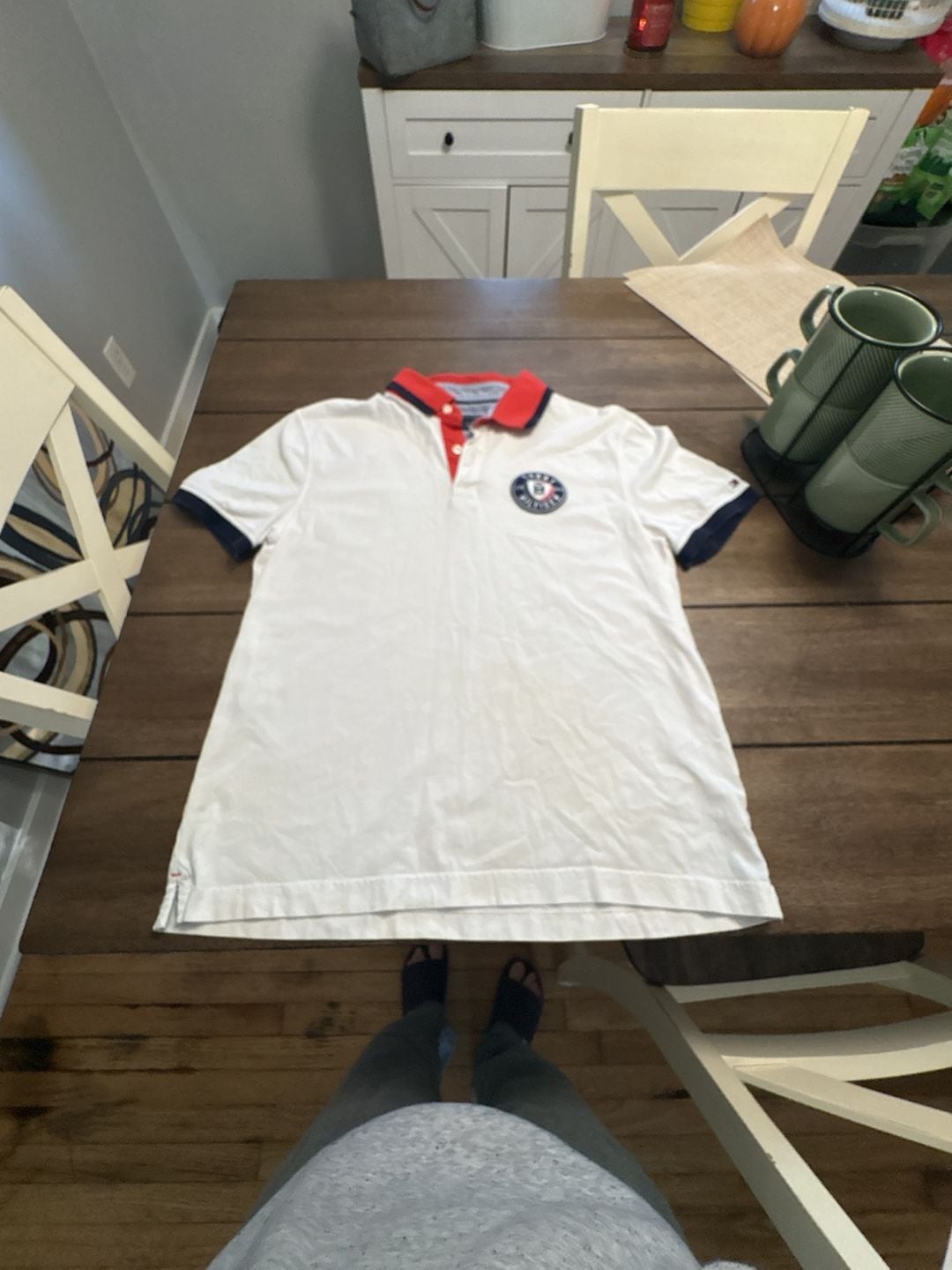Tommy Hilfiger White Tipped Polo Shirt with Red Collar and Chest Logo 2