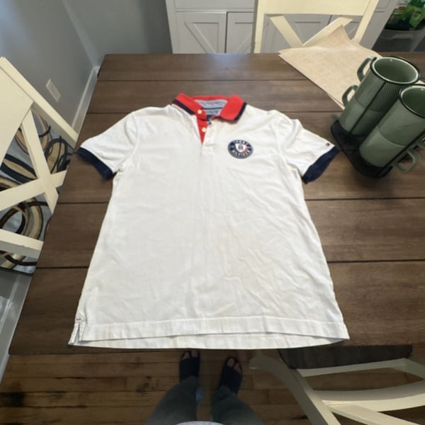Tommy Hilfiger White Tipped Polo Shirt with Red Collar and Chest Logo