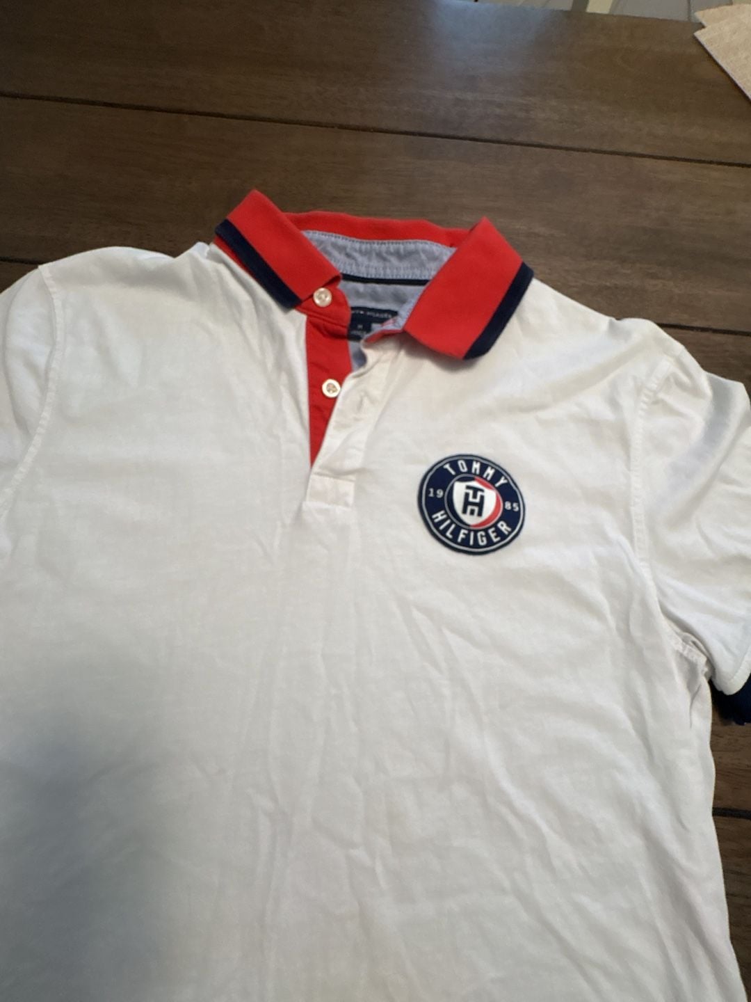 Tommy Hilfiger White Tipped Polo Shirt with Red Collar and Chest Logo 3