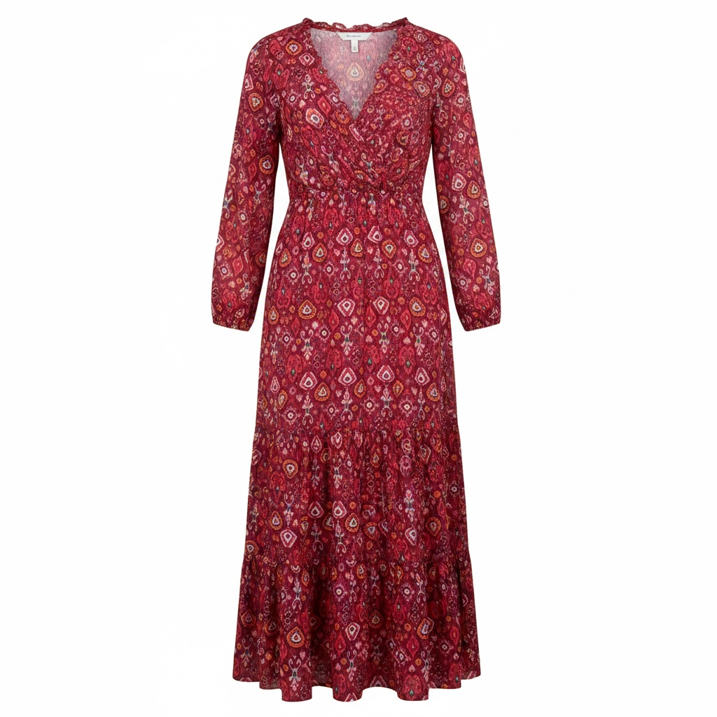 Zara Printed Long Sleeve V-Neck Ruffle Midi Dress Size M 2