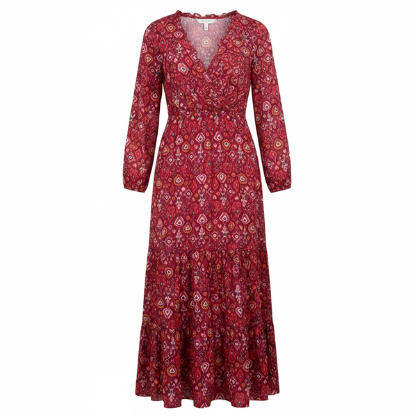 Zara Printed Long Sleeve V-Neck Ruffle Midi Dress Size M