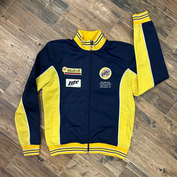 Roundpoint Vintage Miller Lite Zip Up Sweater Jacket Navy Yellow Size 2