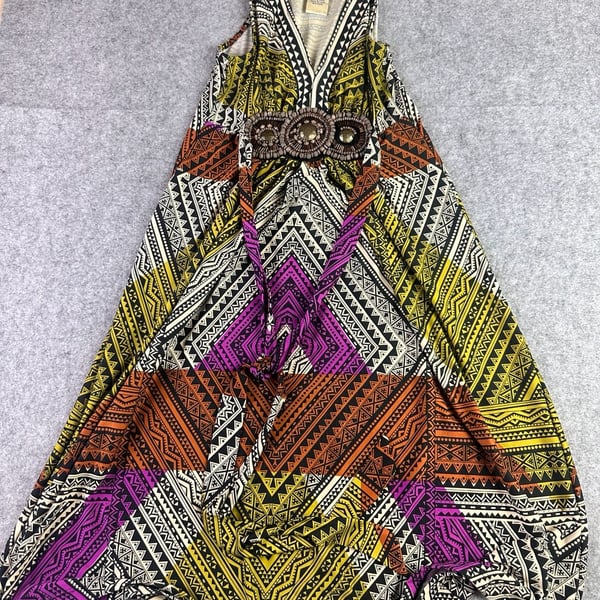 ICE Y2K Tribal Print Beaded Empire Waist Maxi Dress