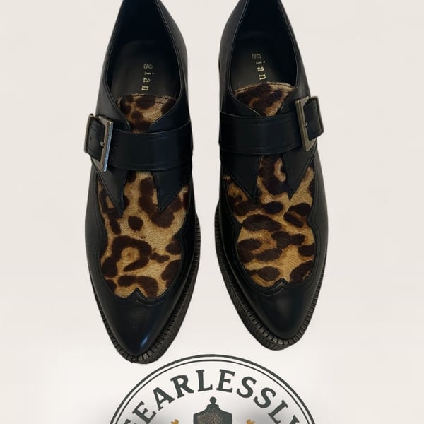 Gianni Bini Black and Brown Leopard Print Calf Hair Leather Platform Shoes