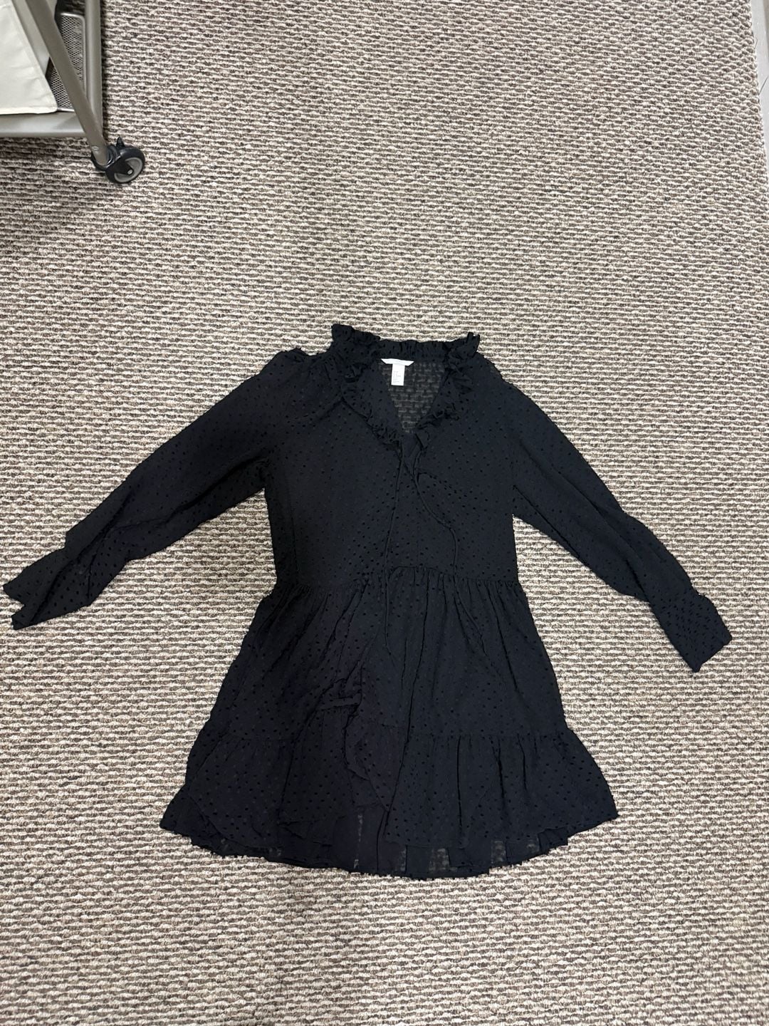 H&M Black Swiss Dot Ruffle Long Sleeve Mini Dress 2