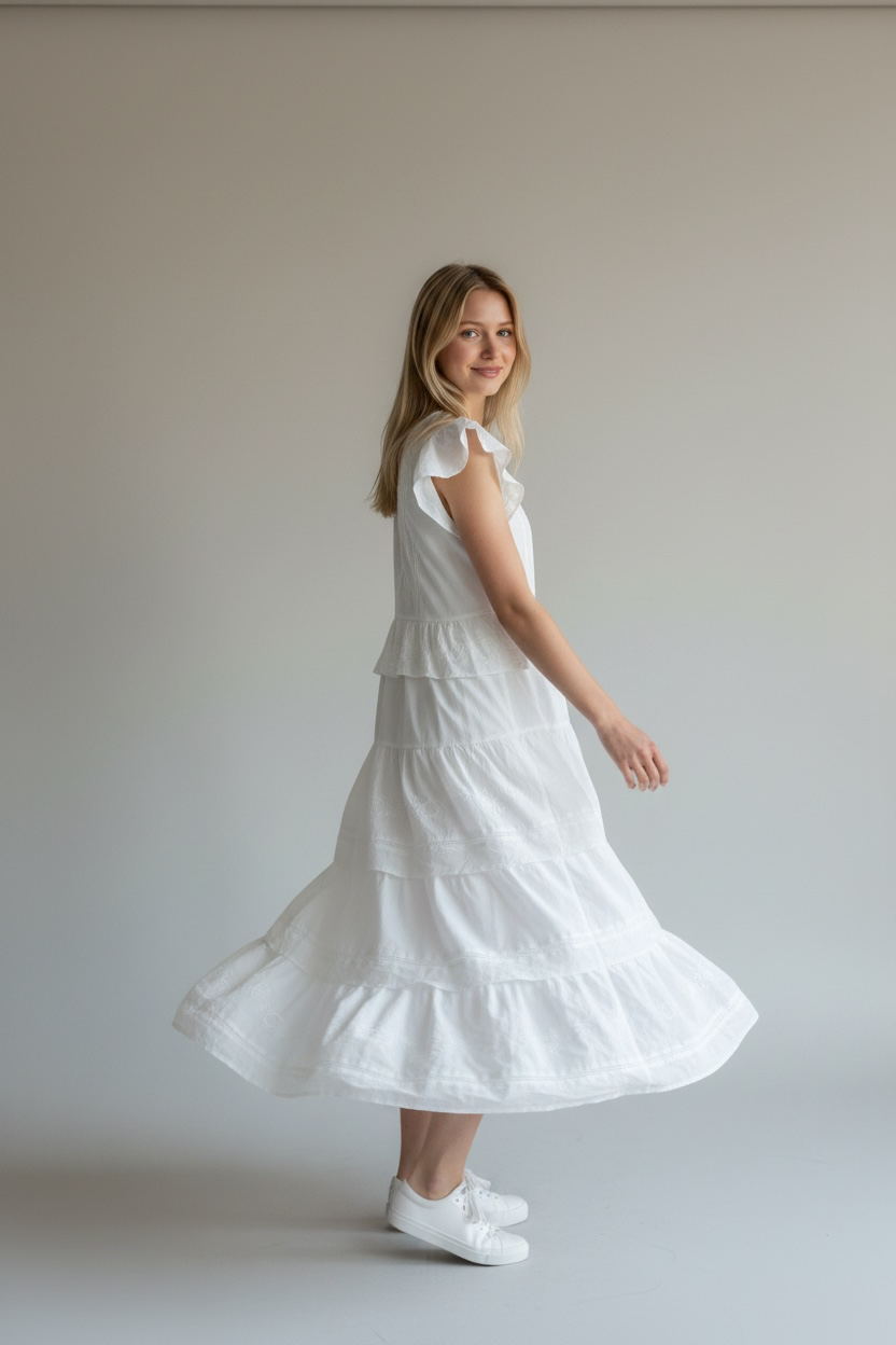 White Tiered Embroidered Midi Dress with Ruffle Sleeves 3