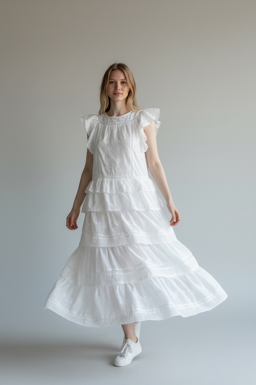 White Tiered Embroidered Midi Dress with Ruffle Sleeves 2