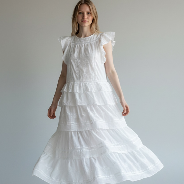 White Tiered Embroidered Midi Dress with Ruffle Sleeves