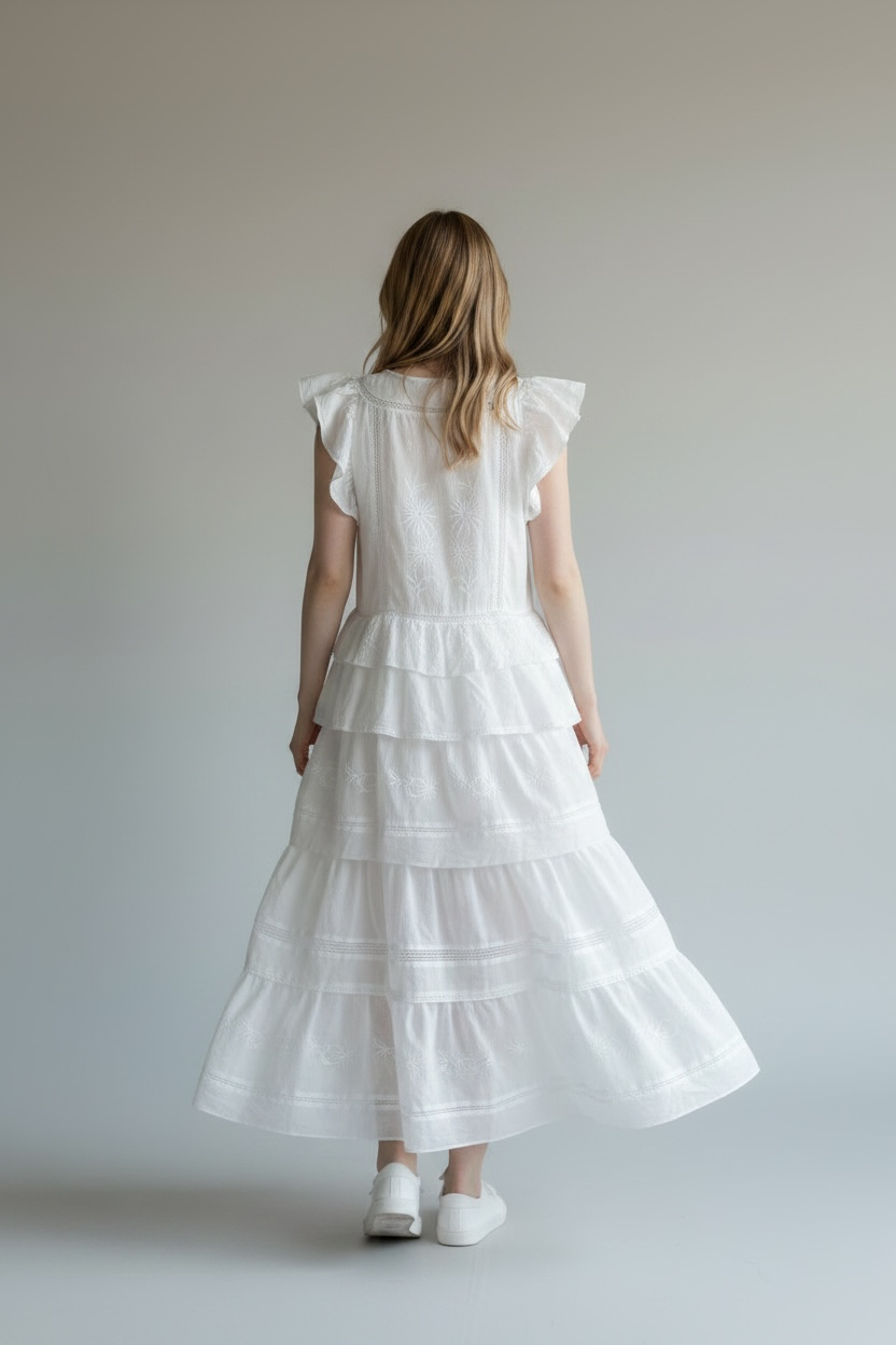 White Tiered Embroidered Midi Dress with Ruffle Sleeves 4
