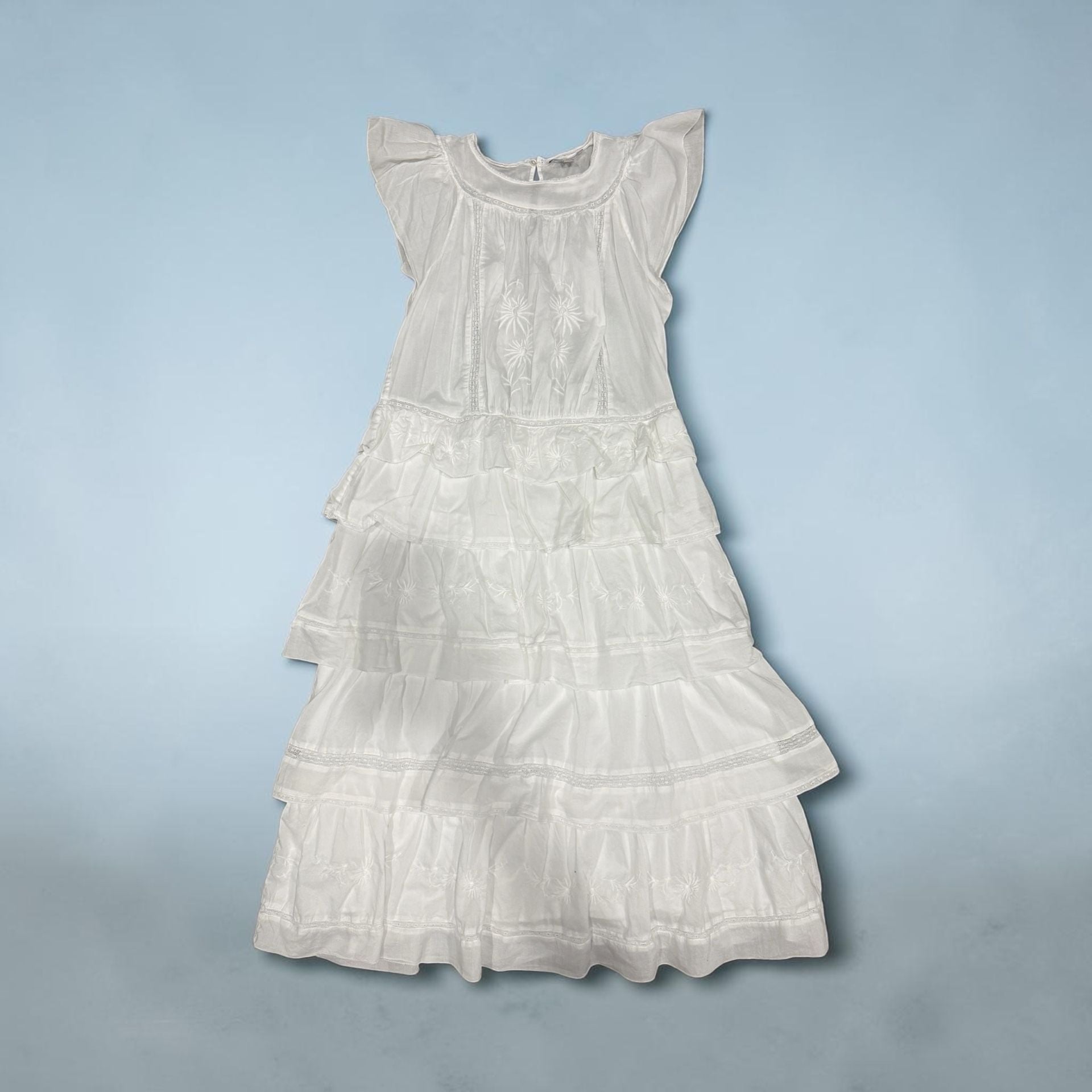 White Tiered Embroidered Midi Dress with Ruffle Sleeves 5