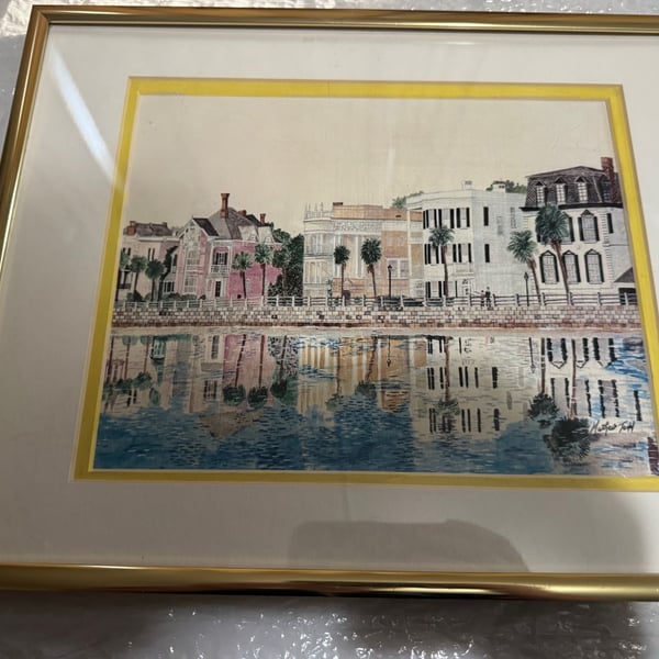 Matthew Todd Watercolor Painting of Waterfront Buildings Framed Art