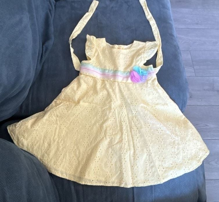 Goodlad Yellow Eyelet Halter Dress with Rainbow Stripe Sash and Flower Size 2T 2