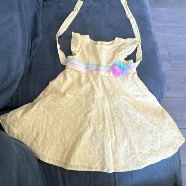 Goodlad Yellow Eyelet Halter Dress with Rainbow Stripe Sash and Flower Size 2T