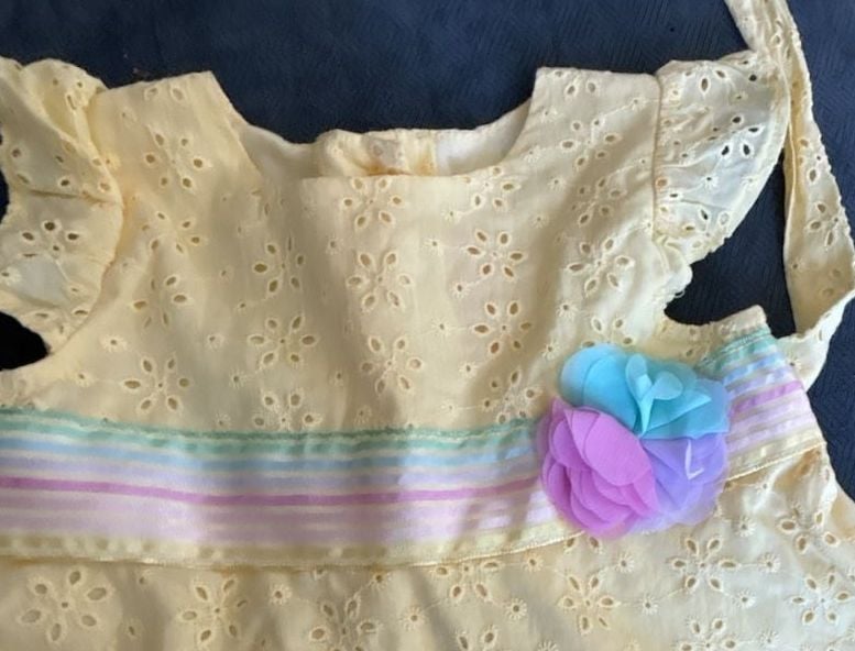 Goodlad Yellow Eyelet Halter Dress with Rainbow Stripe Sash and Flower Size 2T 3