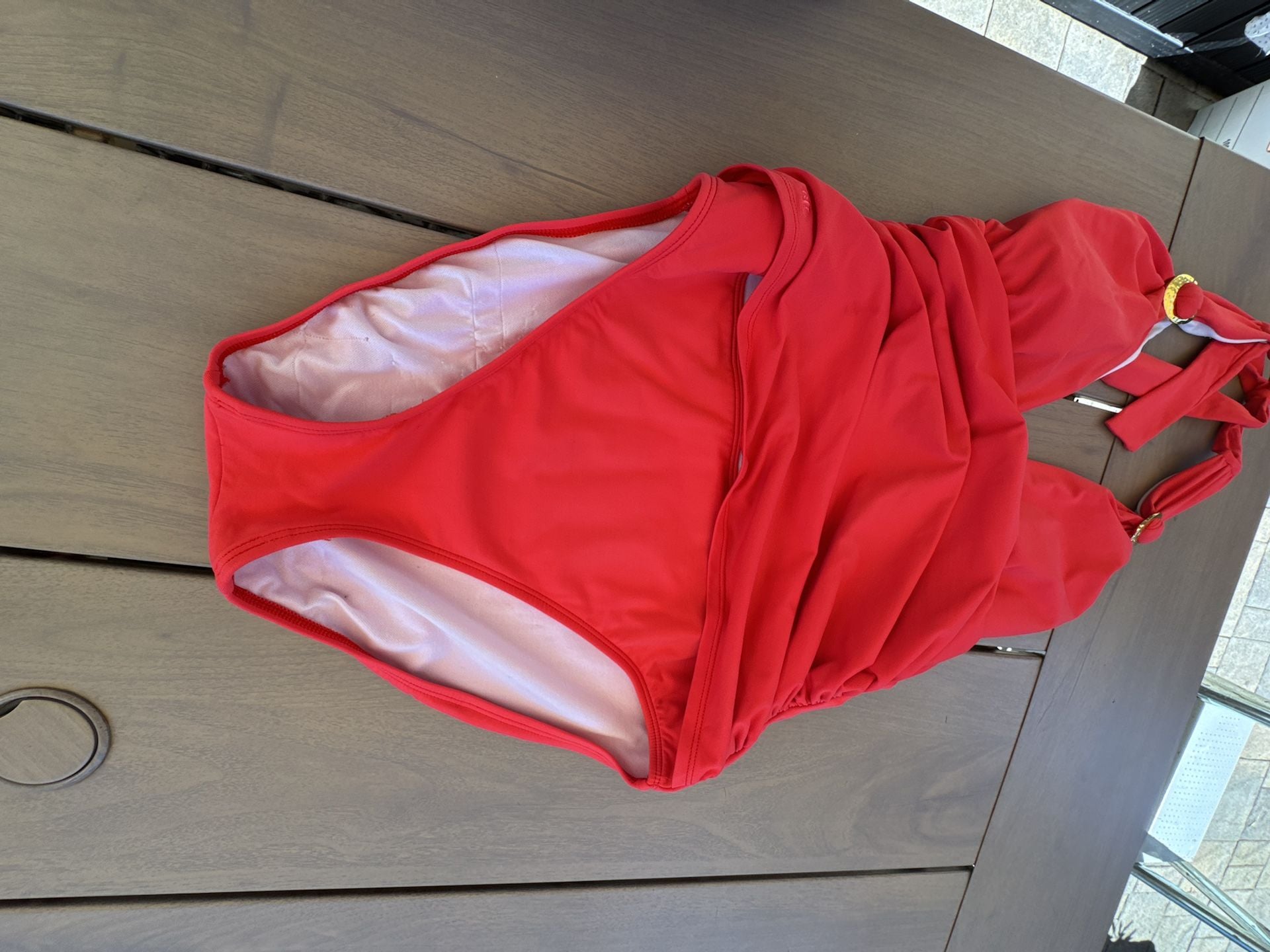 Lauren Ralph Lauren Swimsuit Women’s Size 12 Red Ruched Halter One Piece Gold Ring
 7