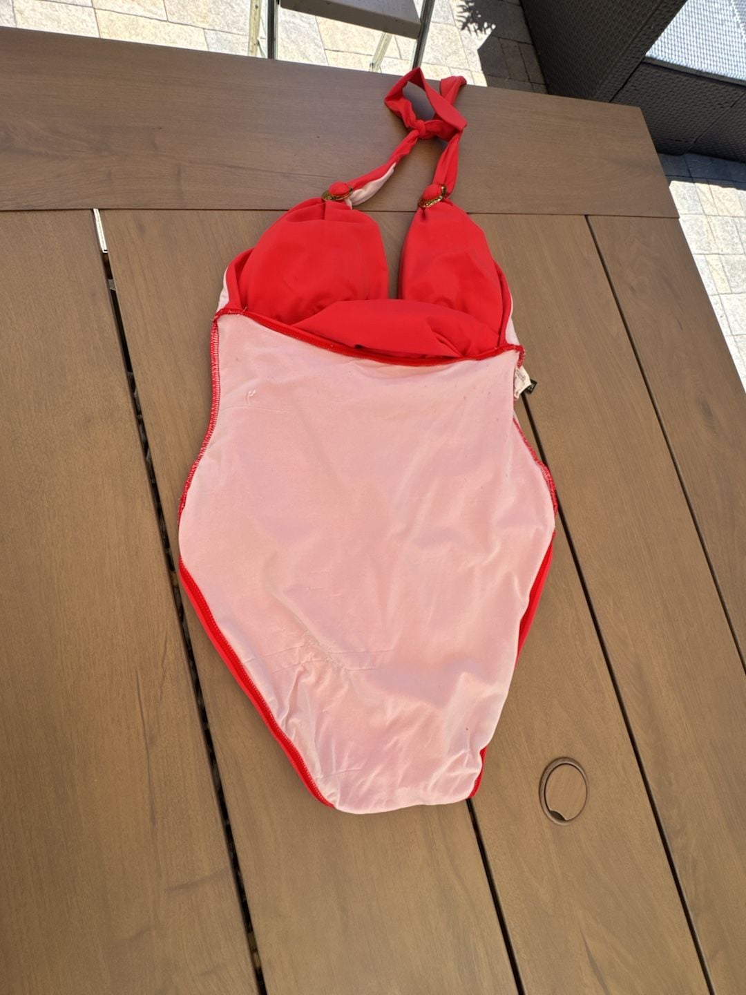 Lauren Ralph Lauren Swimsuit Women’s Size 12 Red Ruched Halter One Piece Gold Ring
 10