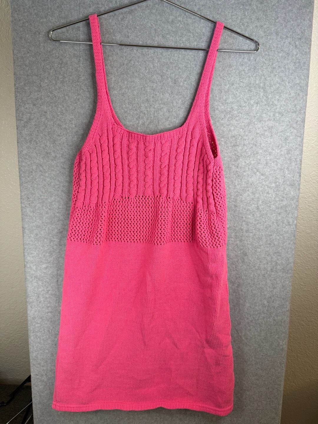 Zara Pink Crochet Knit Mini Square Neck Dress Size L 2