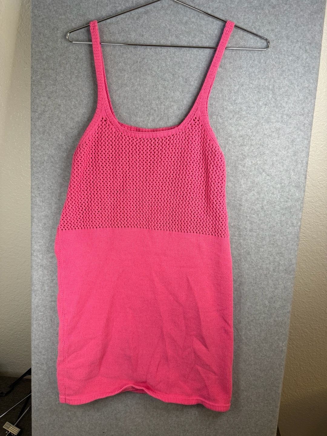Zara Pink Crochet Knit Mini Square Neck Dress Size L 3