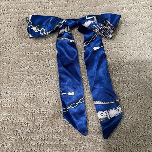 Blue Satin Silk Twilly Scarf With Chain and Belt Print Hair Ribbon Bag Accessory